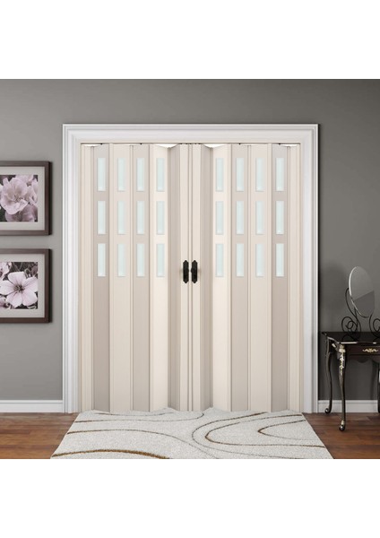 170 x 215 Beyaz Renk Camlı Çift Açılım Pvc Akordiyon Katlanır Kapı - Frnakmodel-153