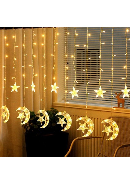 Ay Yıldız Perde LED Işık Dekorasyon Süsleme 8 Fonksiyonlu Fişli 4 Mevsim Işıklandırma Günışığı