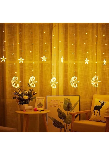Ay Yıldız Perde LED Işık Dekorasyon Süsleme 8 Fonksiyonlu Fişli 4 Mevsim Işıklandırma Günışığı modelleri