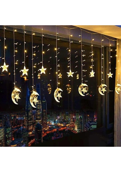 Ay Yıldız Perde LED Işık Dekorasyon Süsleme 8 Fonksiyonlu Fişli 4 Mevsim Işıklandırma Günışığı fırsatları