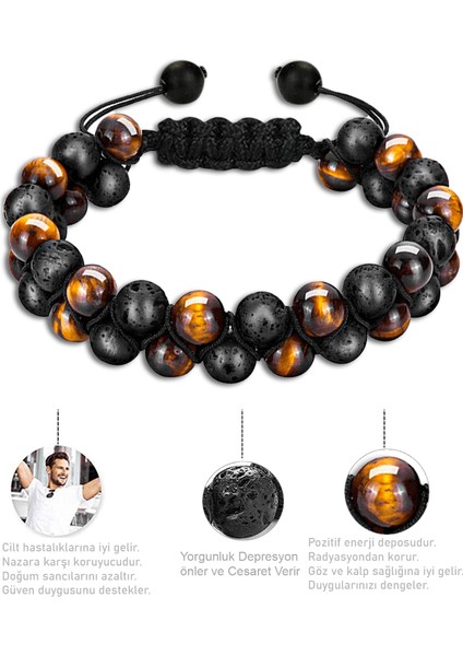 Sertifikalı Yüksek Kalite Doğal Kaplan Gözü Lav Taşı Doğal Taş Bileklik