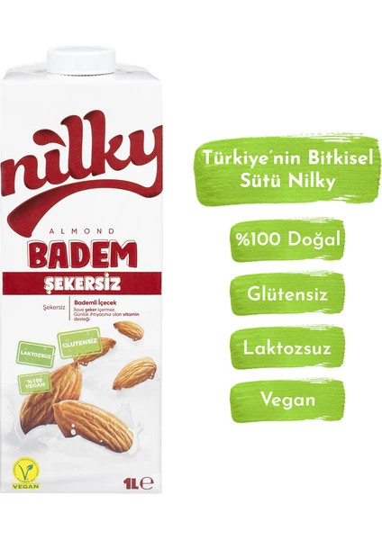 Şekersiz Badem Sütü Glütensiz Bitkisel Bazlı Laktosuz Vegan 1 lt