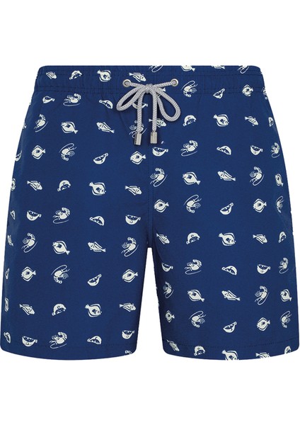 Shikooo Swimwear Lacivert Beyaz Balık Desenli Bağcıklı Şort Mayo
