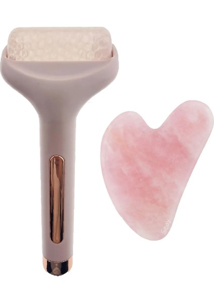 Pembe Kuvars Kalp Gua Sha Masaj Taşı ve Ice Roller Masaj Aleti Doğaltaş