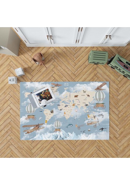 Dekoratif Pamuklu Dokuma Taban Ince Leke Tutmaz Yıkanabilir Modern Eğlenceli Çocuk Halısı