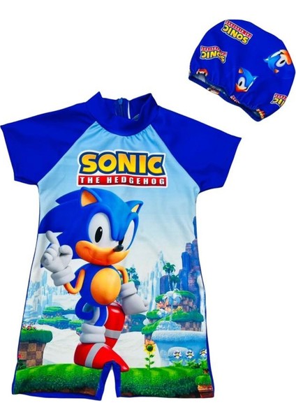 Erkek Çocuk Sonic Baskılı Bone Hediyeli Tam Vücut Şortlu Kollu Mayo Sezon 2022