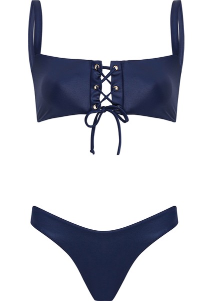 Kuşgözlü Straplez Lacivert Bikini Takımı