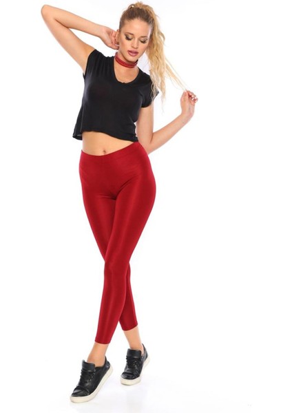 Toparlayıcı Yüksek Bel Parlak Disko Tayt - Bordo modelleri