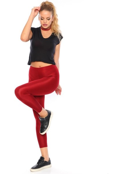 Toparlayıcı Yüksek Bel Parlak Disko Tayt - Bordo indirimleri