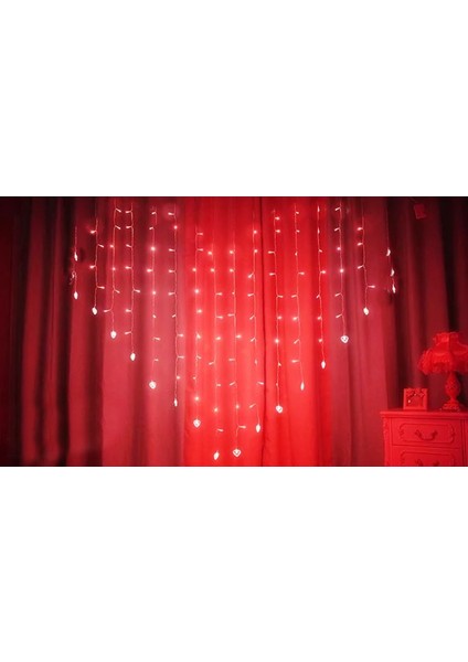 Kalp Şeklinde Perde LED Işık 2 Metre 124 Ledli 8 Animasyonlu Saçaklı LED Işık Birbirine Eklenebilir