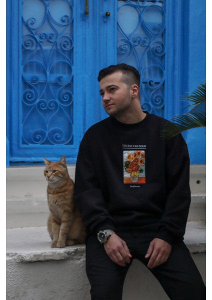 Collection Unisex Bisiklet Yaka Siyah Oversize Baskılı ve Nakışlı Sweatshirt
