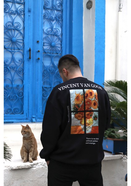 Collection Unisex Bisiklet Yaka Siyah Oversize Baskılı ve Nakışlı Sweatshirt