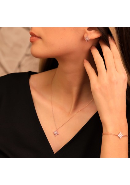 925 Ayar Gümüş Pembe Taşlı Kamelya Çiçeği Set modelleri