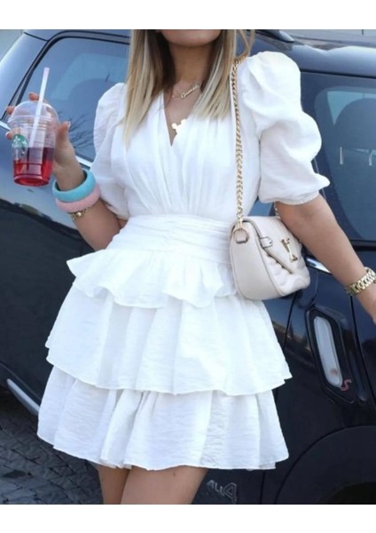 Kadın Eteği Kat Kat Fırfırlı V Yaka Astarlı Balon Kol Vual Kısa Dar Kalıp Elbise modelleri