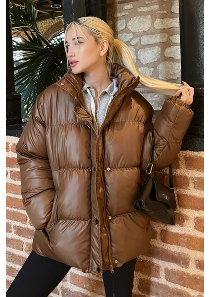 Kahverengi Basic Oversize Kadın Şişme Mont MG1582