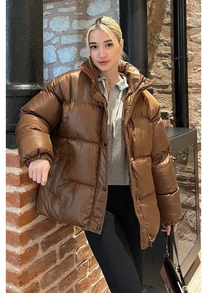 Kahverengi Basic Oversize Kadın Şişme Mont MG1582