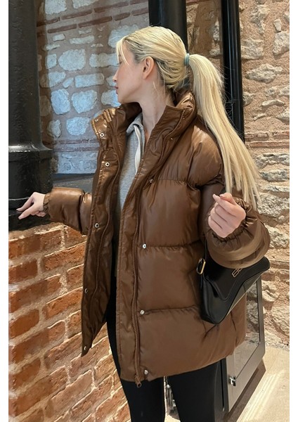 Kahverengi Basic Oversize Kadın Şişme Mont MG1582 modelleri