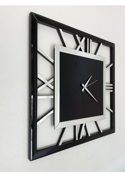 Ayna Denizi Time Silver Black Model Gümüş Siyah Renk 70 Cm x 70 Cm Dekoratif Aynalı Duvar Saati