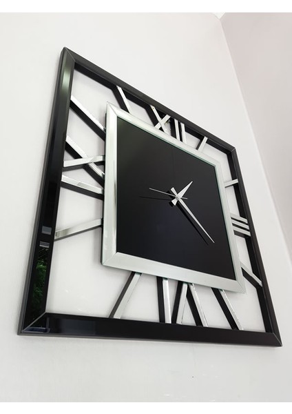 Ayna Denizi Time Silver Black Model Gümüş Siyah Renk 70 Cm x 70 Cm Dekoratif Aynalı Duvar Saati