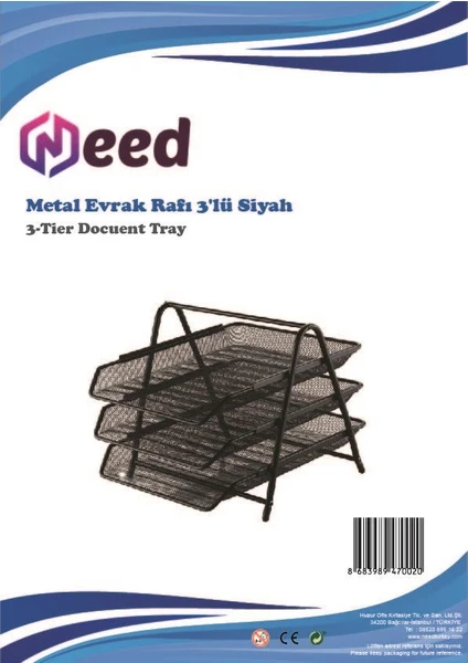 Siyah 3 Katlı Metal Tel Evrak Rafı ND-1005