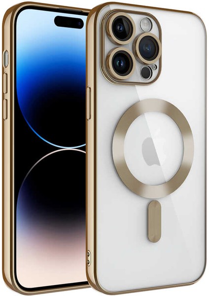 Caseworld Apple iPhone 14 Pro Max Mag Safe Özellikli Lens Korumalı Logo Gösteren Şeffaf Luxury Silikon Kılıf - Gold