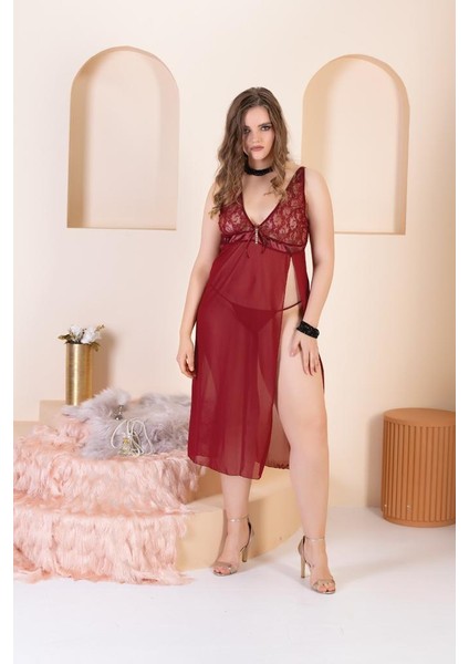 Izabel Büyük Beden Seksi Dantel Detaylı Uzun Gecelik Takımı Ikili Set Koyu Kırmızı Renk