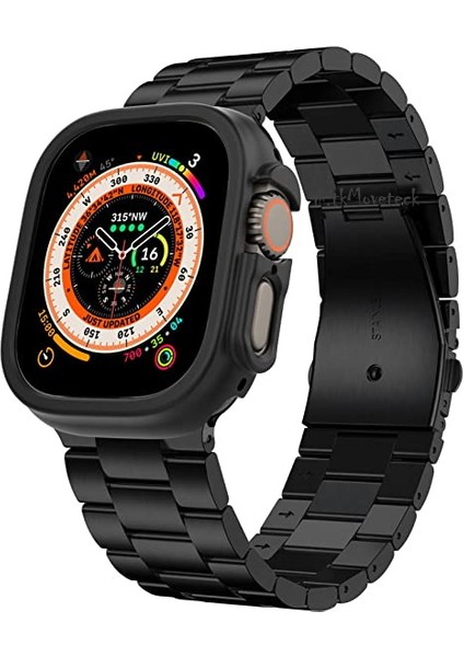 Apple Watch Ultra 49MM Uyumlu Kayış Metal Baklalı Kordon Paslanmaz Çelik Ultra Lüx Kasalı Kordon 2in1 Set Şeffaf Kasa Koruyucu