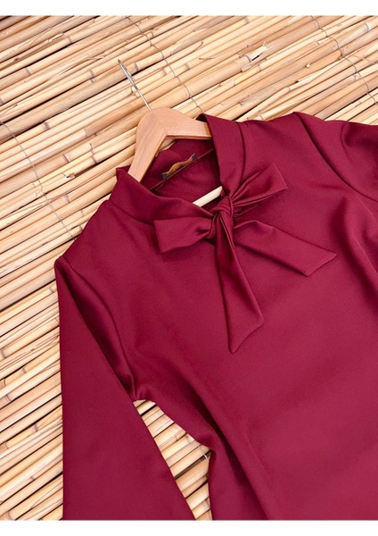 Bordo Krep Boyundan Bağlamalı Bluz
