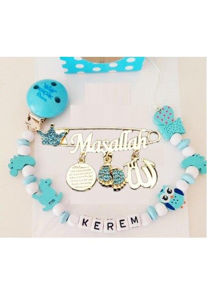 Isimli Bebek Emzik Zinciri ve Mavi Taşlı Bebek Yaka Iğnesi