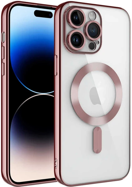 Case World Caseworld Apple iPhone 14 Pro Max Mag Safe Özellikli Lens Korumalı Logo Gösteren Şeffaf Luxury Silikon Kılıf - Rose Gold