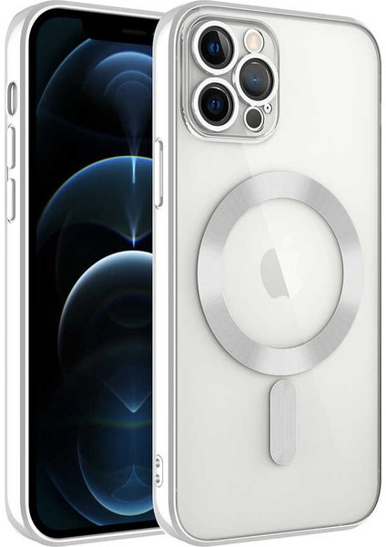 Caseworld Apple iPhone 13 Pro Max Mag Safe Özellikli Lens Korumalı Logo Gösteren Şeffaf Luxury Silikon Kılıf - Gümüş