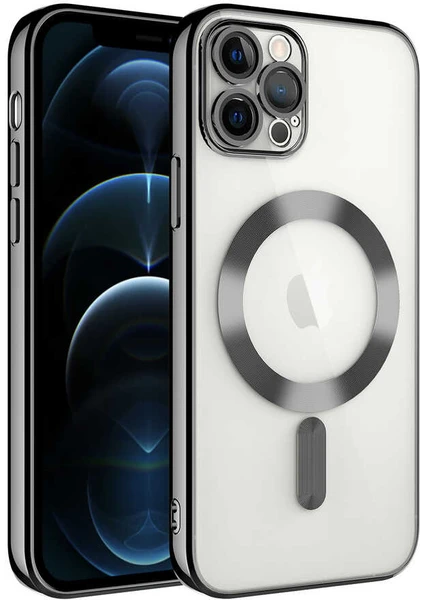 Caseworld Apple iPhone 13 Pro Max Mag Safe Özellikli Lens Korumalı Logo Gösteren Şeffaf Luxury Silikon Kılıf -Siyah