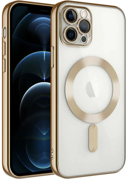 Caseworld Apple iPhone 13 Pro Mag Safe Özellikli Lens Korumalı Logo Gösteren Şeffaf Luxury Silikon Kılıf - Gold