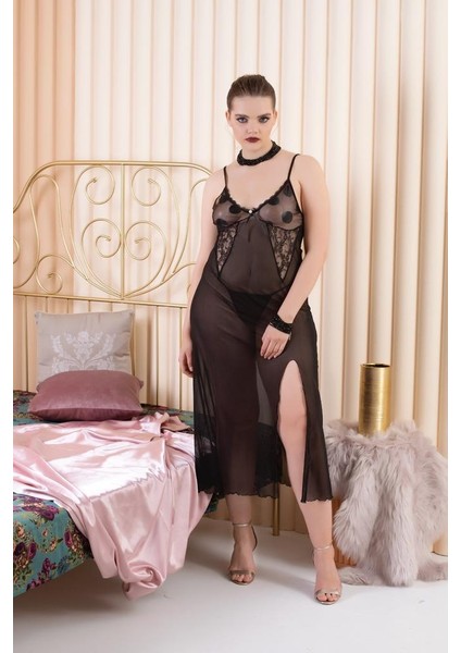 Izabel Büyük Beden Seksi Dantel Detaylı Uzun Gecelik Takımı Ikili Set Siyah Renk