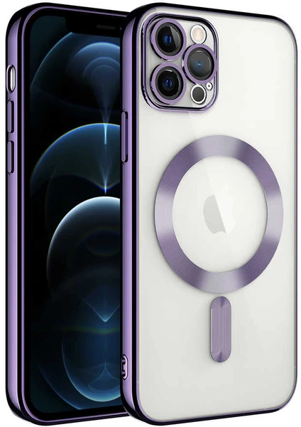 Caseworld Apple iPhone 11 Pro Mag Safe Özellikli Lens Korumalı Logo Gösteren Şeffaf Luxury Silikon Kılıf - Mor