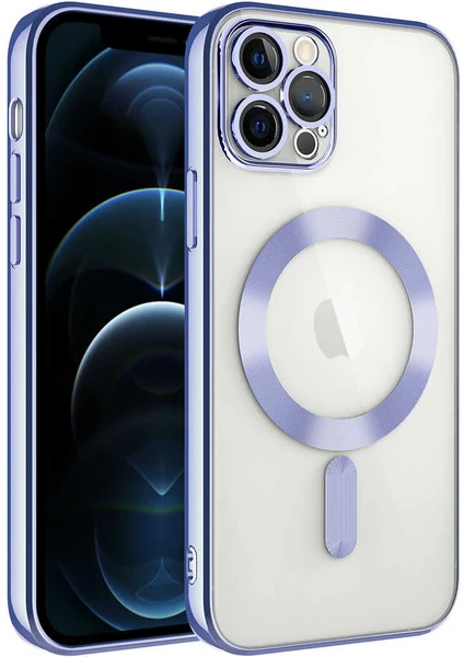 Caseworld Apple iPhone 11 Pro Max Mag Safe Özellikli Lens Korumalı Logo Gösteren Şeffaf Luxury Silikon Kılıf - Lila