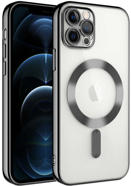 Caseworld Apple iPhone 11 Pro Max Mag Safe Özellikli Lens Korumalı Logo Gösteren Şeffaf Luxury Silikon Kılıf -Siyah