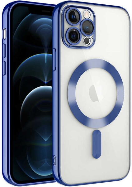 Caseworld Apple iPhone 12 Pro Max Mag Safe Özellikli Lens Korumalı Logo Gösteren Şeffaf Luxury Silikon Kılıf - Mavi