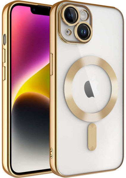 Case World Caseworld Apple iPhone 14 Mag Safe Özellikli Lens Korumalı Logo Gösteren Şeffaf Luxury Silikon Kılıf - Gold