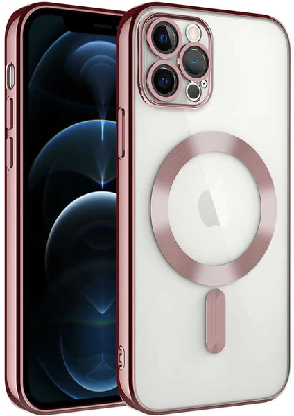 Caseworld Apple iPhone 11 Pro Max Mag Safe Özellikli Lens Korumalı Logo Gösteren Şeffaf Luxury Silikon Kılıf - Rose Gold