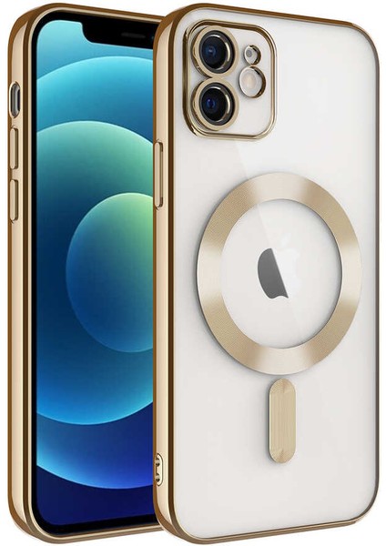 Caseworld Apple iPhone 12 Mag Safe Özellikli Lens Korumalı Logo Gösteren Şeffaf Luxury Silikon Kılıf - Gold