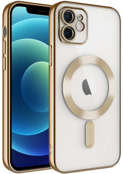 Caseworld Apple iPhone 12 Mag Safe Özellikli Lens Korumalı Logo Gösteren Şeffaf Luxury Silikon Kılıf - Gold