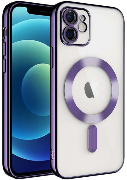 Caseworld Apple iPhone 12 Mag Safe Özellikli Lens Korumalı Logo Gösteren Şeffaf Luxury Silikon Kılıf - Mor