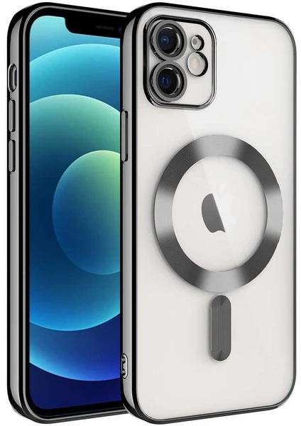 Caseworld Apple iPhone 12 Mag Safe Özellikli Lens Korumalı Logo Gösteren Şeffaf Luxury Silikon Kılıf -Siyah