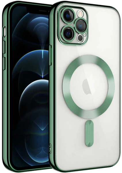 Caseworld Apple iPhone 11 Pro Mag Safe Özellikli Lens Korumalı Logo Gösteren Şeffaf Luxury Silikon Kılıf -Yeşil