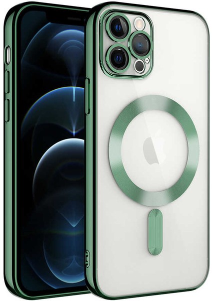 Caseworld Apple iPhone 11 Pro Max Mag Safe Özellikli Lens Korumalı Logo Gösteren Şeffaf Luxury Silikon Kılıf -Yeşil