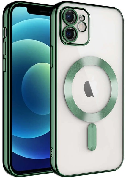 Caseworld Apple iPhone 12 Mag Safe Özellikli Lens Korumalı Logo Gösteren Şeffaf Luxury Silikon Kılıf -Yeşil