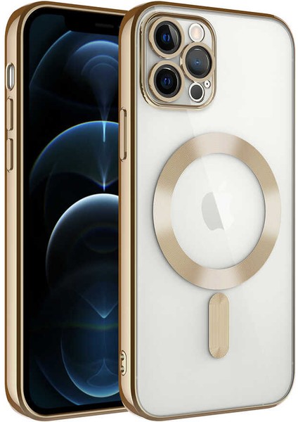 Caseworld Apple iPhone 11 Pro Max Mag Safe Özellikli Lens Korumalı Logo Gösteren Şeffaf Luxury Silikon Kılıf - Gold