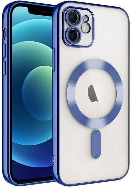 Caseworld Apple iPhone 11 Mag Safe Özellikli Lens Korumalı Logo Gösteren Şeffaf Luxury Silikon Kılıf - Mavi