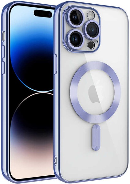 Apple iPhone 14 Pro Mag Safe Özellikli Lens Korumalı Logo Gösteren Şeffaf Luxury Silikon Kılıf - Lila